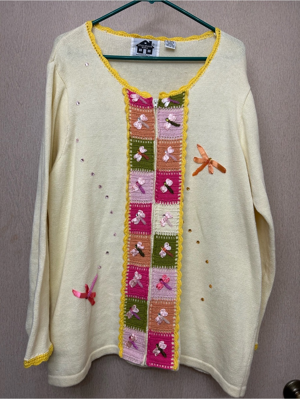 Storybook Knits - Vintage Butter Yellow Pastel Dragonfly Sweater - Size L